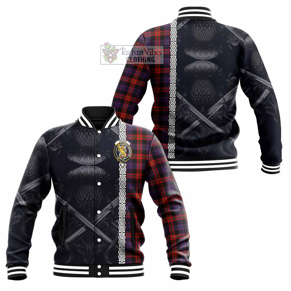 Tartan Vibes Clothing Brown (Broun) Tartan Baseball Jacket with Family Crest Cross Sword Thistle Celtic Vibes