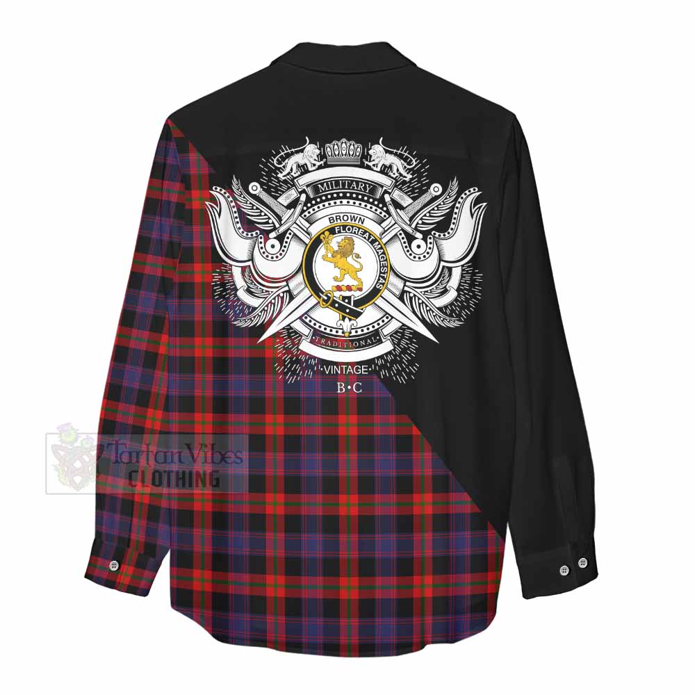 Tartan Vibes Clothing Brown (Broun) Tartan Women's Casual Shirt with Family Crest and Military Logo Style