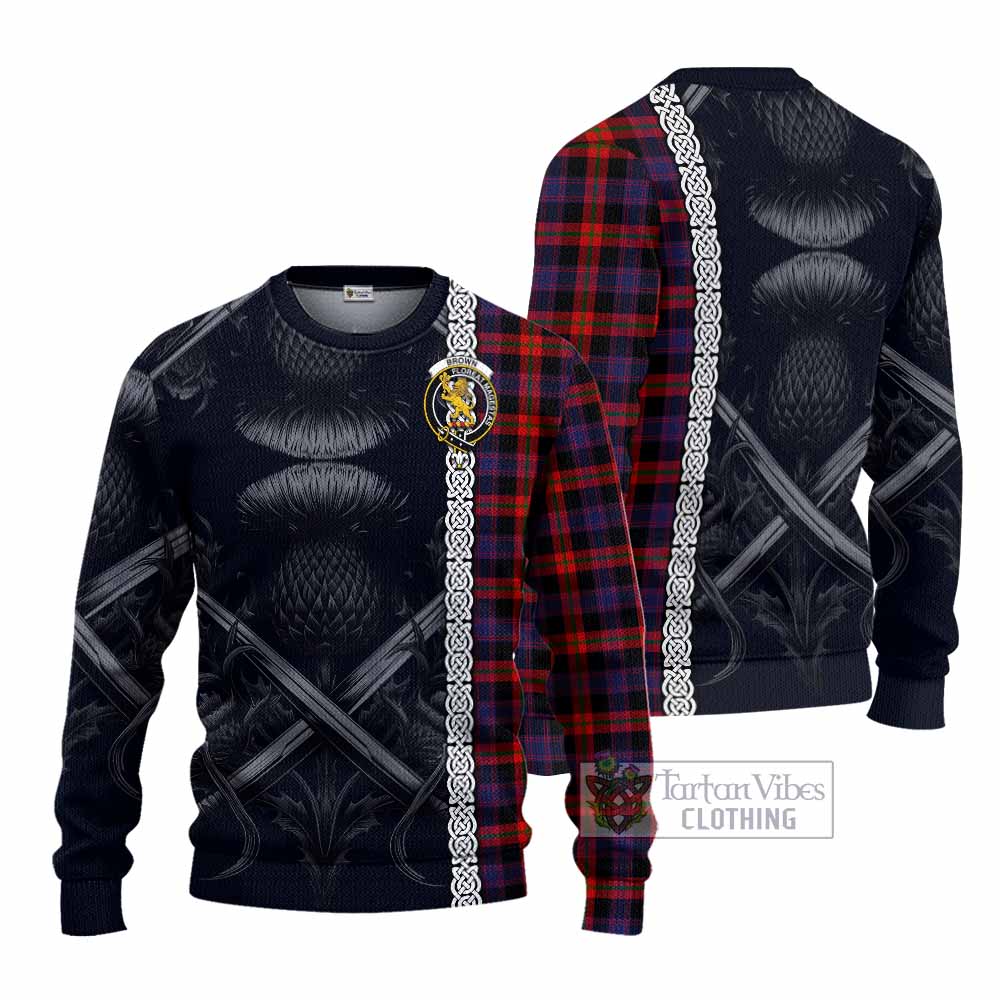 Tartan Vibes Clothing Brown (Broun) Tartan Knitted Sweater with Family Crest Cross Sword Thistle Celtic Vibes