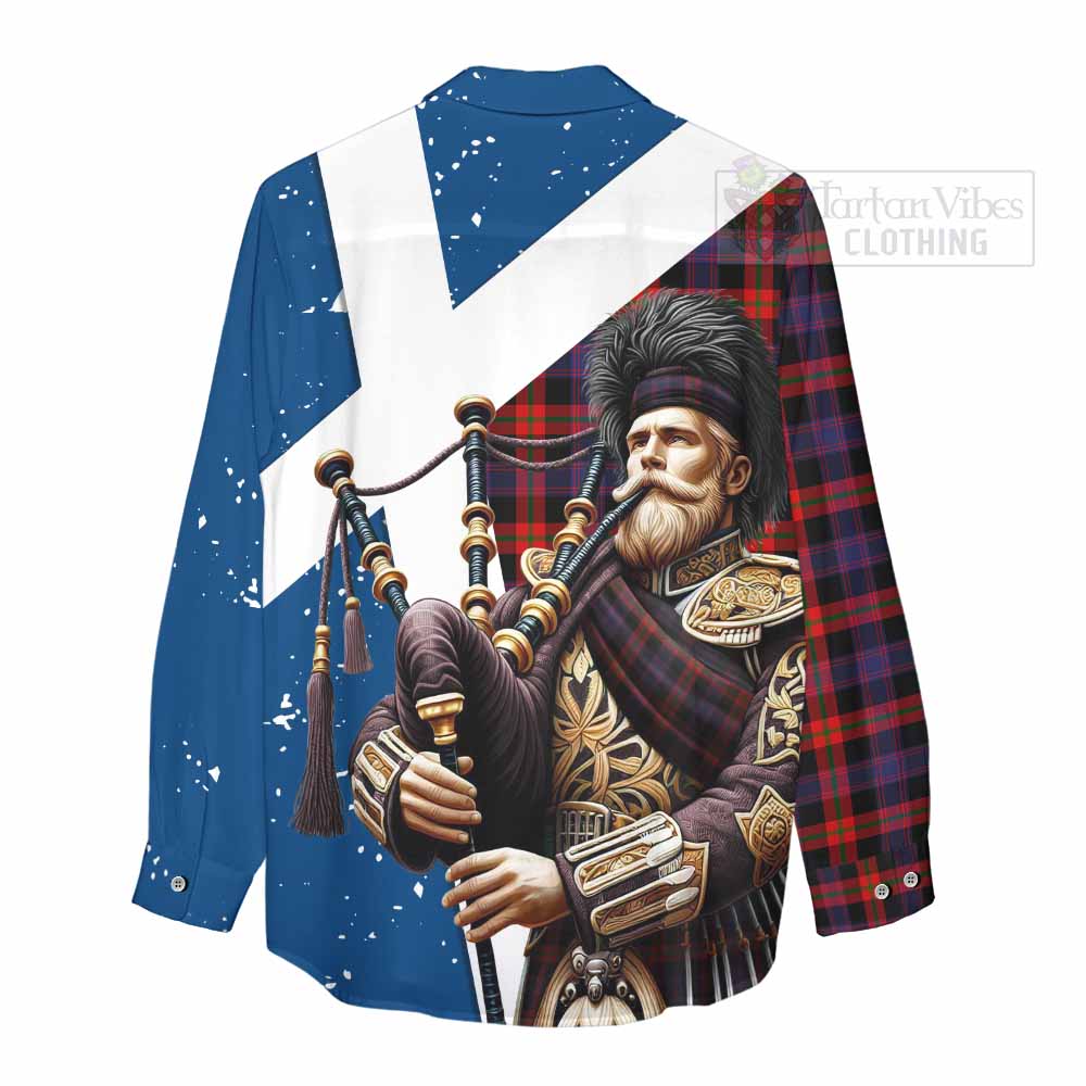 Tartan Vibes Clothing Brown (Broun) Tartan Women's Casual Shirt with Family Crest Scottish Bagpiper Vibes
