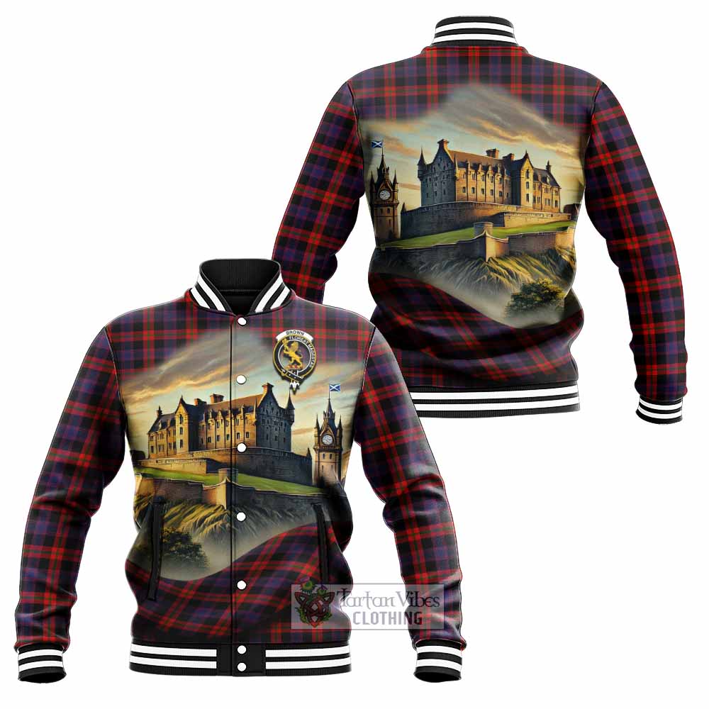Tartan Vibes Clothing Brown (Broun) Tartan Family Crest Baseball Jacket with Scottish Ancient Castle Style