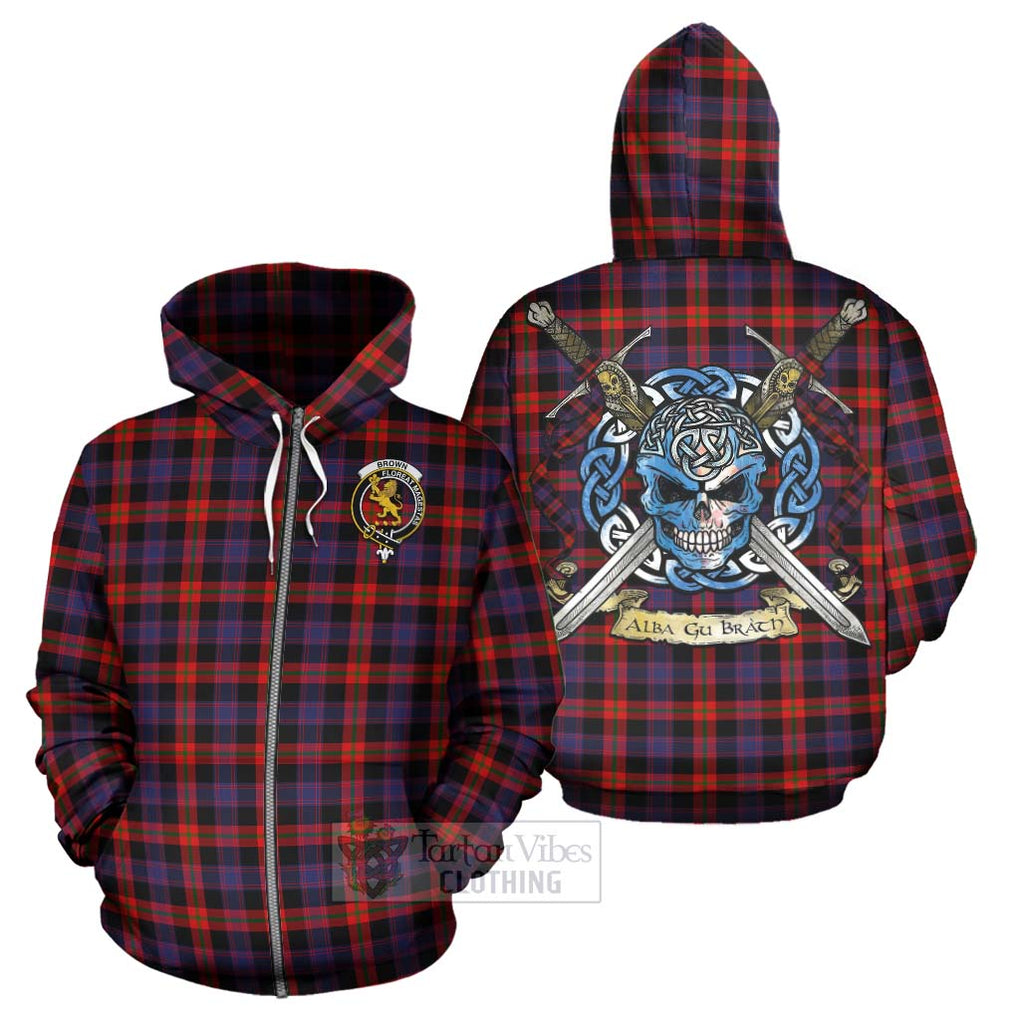 Tartan Vibes Clothing Brown (Broun) Tartan Hoodie with Family Crest Celtic Skull Style