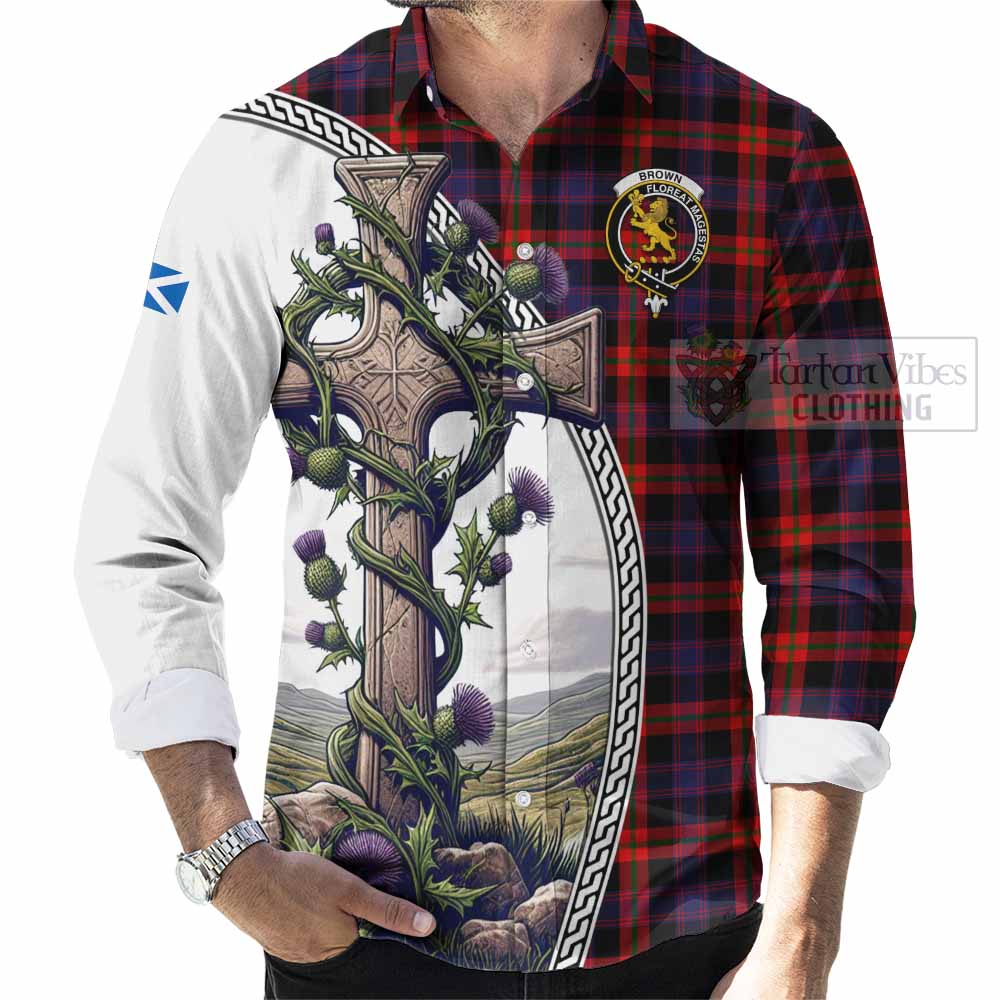 Tartan Vibes Clothing Brown (Broun) Tartan Long Sleeve Button Shirt with Family Crest and St. Andrew's Cross Accented by Thistle Vines