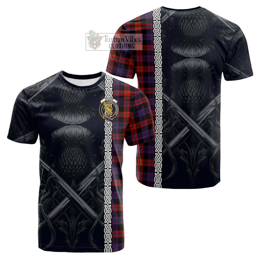 Tartan Vibes Clothing Brown (Broun) Tartan Cotton T-shirt with Family Crest Cross Sword Thistle Celtic Vibes
