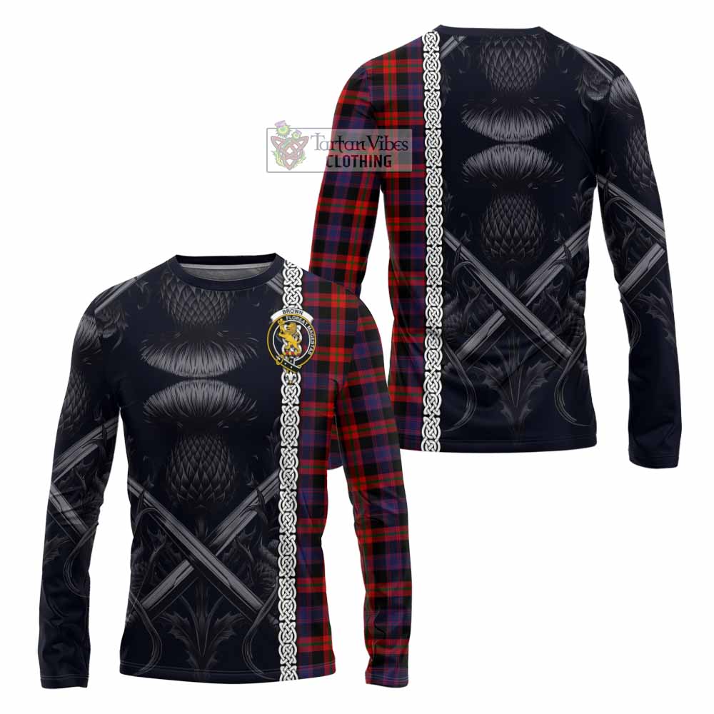 Tartan Vibes Clothing Brown (Broun) Tartan Long Sleeve T-Shirt with Family Crest Cross Sword Thistle Celtic Vibes