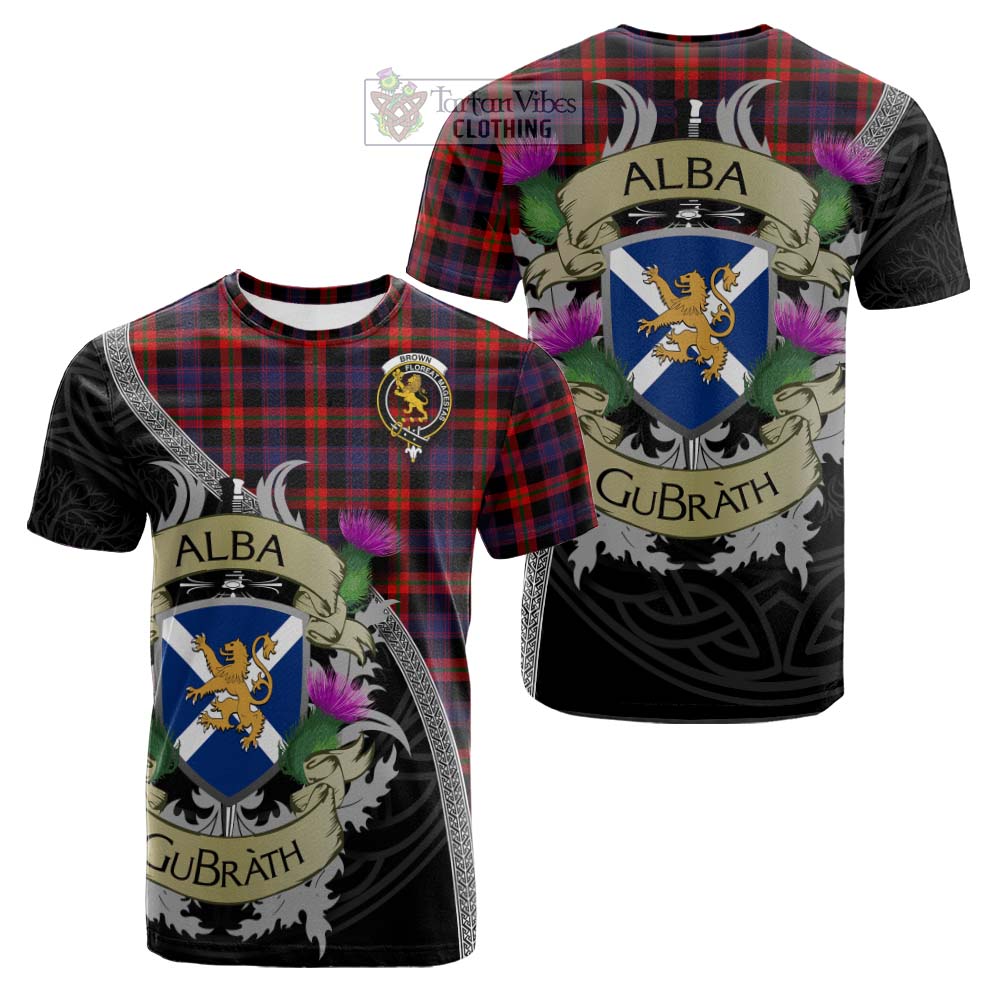 Tartan Vibes Clothing Brown (Broun) Tartan Family Crest Cotton T-shirt Lion Rampant Royal Thistle Shield Celtic Inspired