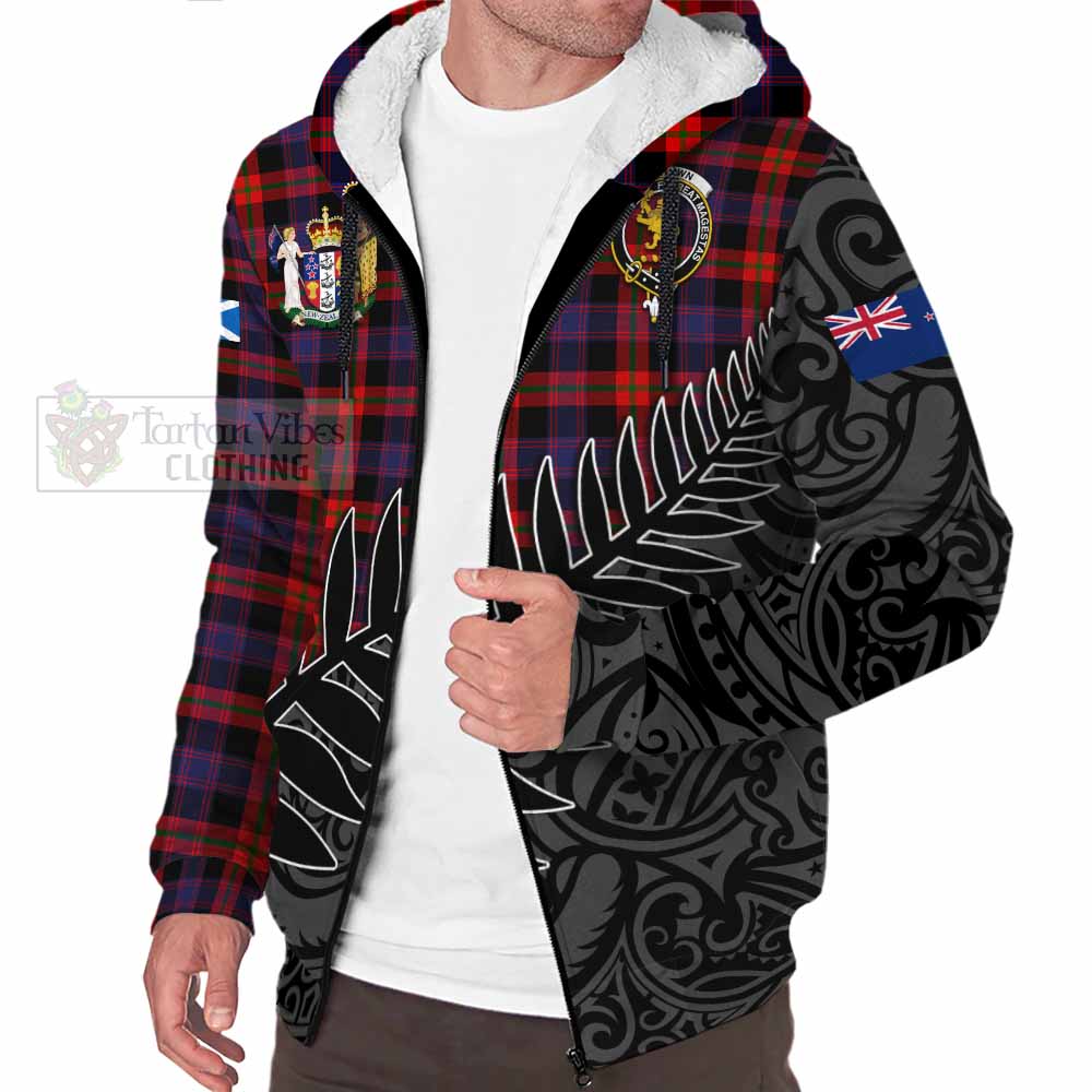 Tartan Vibes Clothing Brown (Broun) Crest Tartan Sherpa Hoodie with New Zealand Silver Fern Half Style
