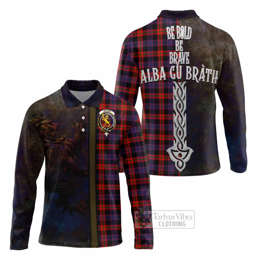 Tartan Vibes Clothing Brown (Broun) Tartan Family Crest Long Sleeve Polo Shirt Alba Gu Brath Be Brave Lion Ancient Style