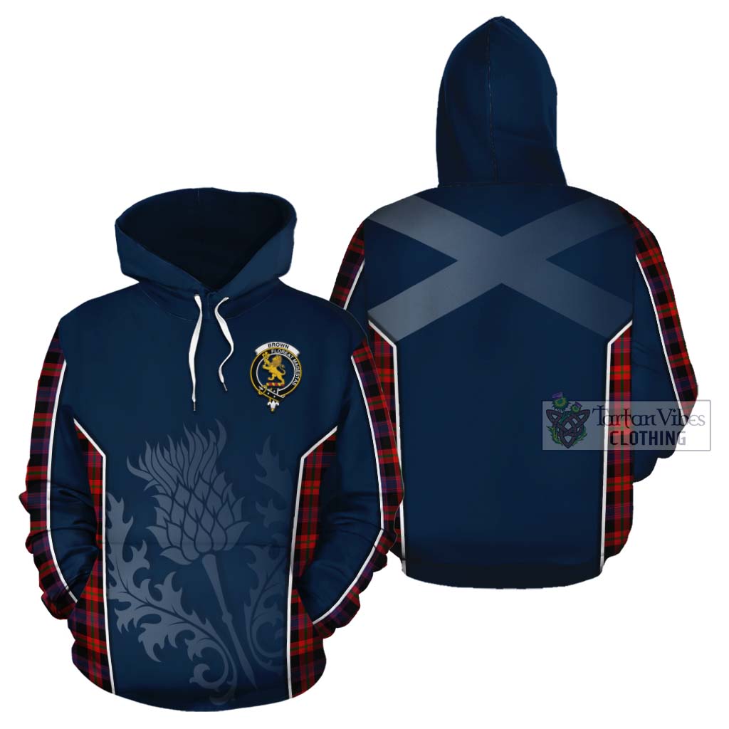 Tartan Vibes Clothing Brown (Broun) Tartan Cotton Hoodie with Family Crest and Scottish Thistle Vibes Sport Style