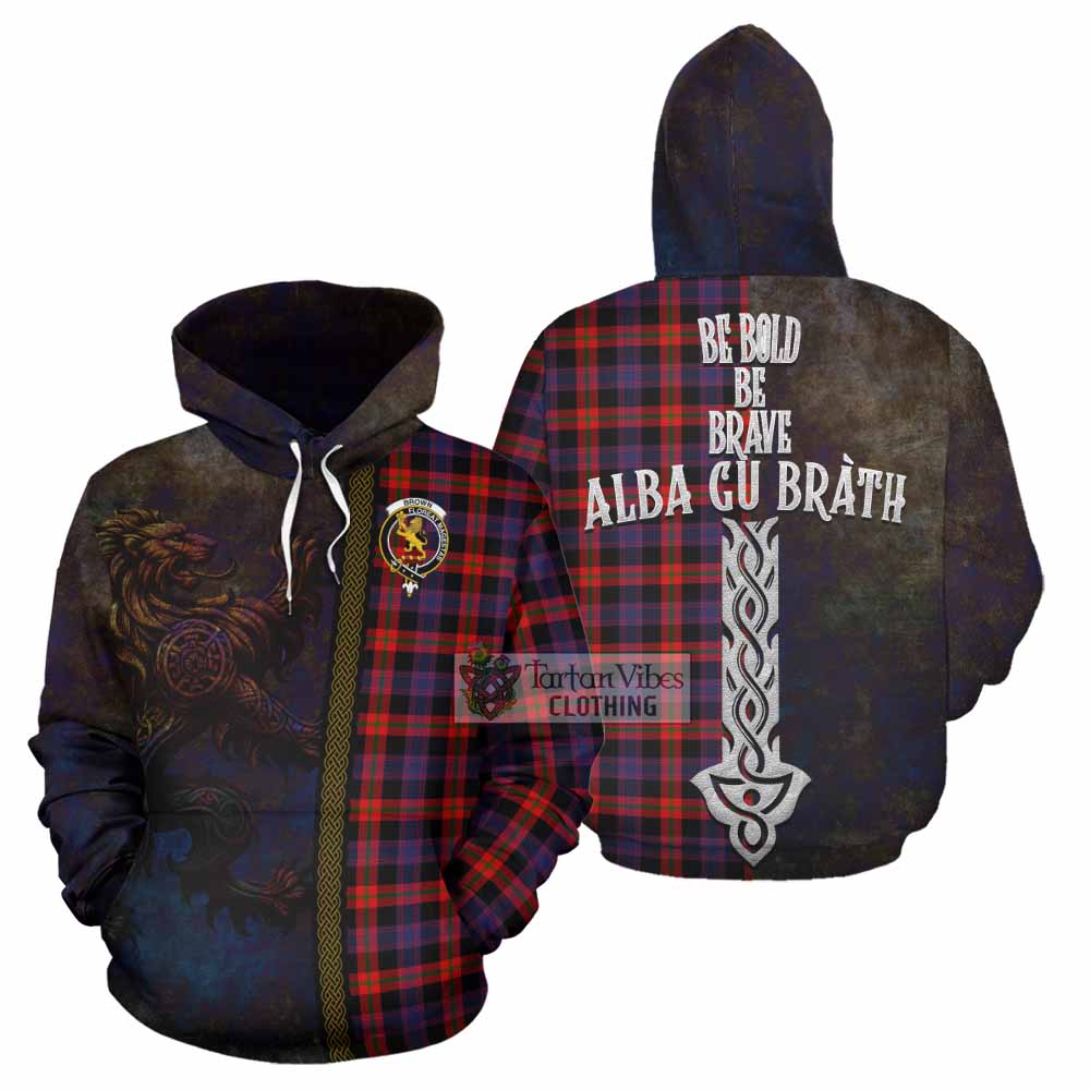 Tartan Vibes Clothing Brown (Broun) Tartan Family Crest Hoodie Alba Gu Brath Be Brave Lion Ancient Style