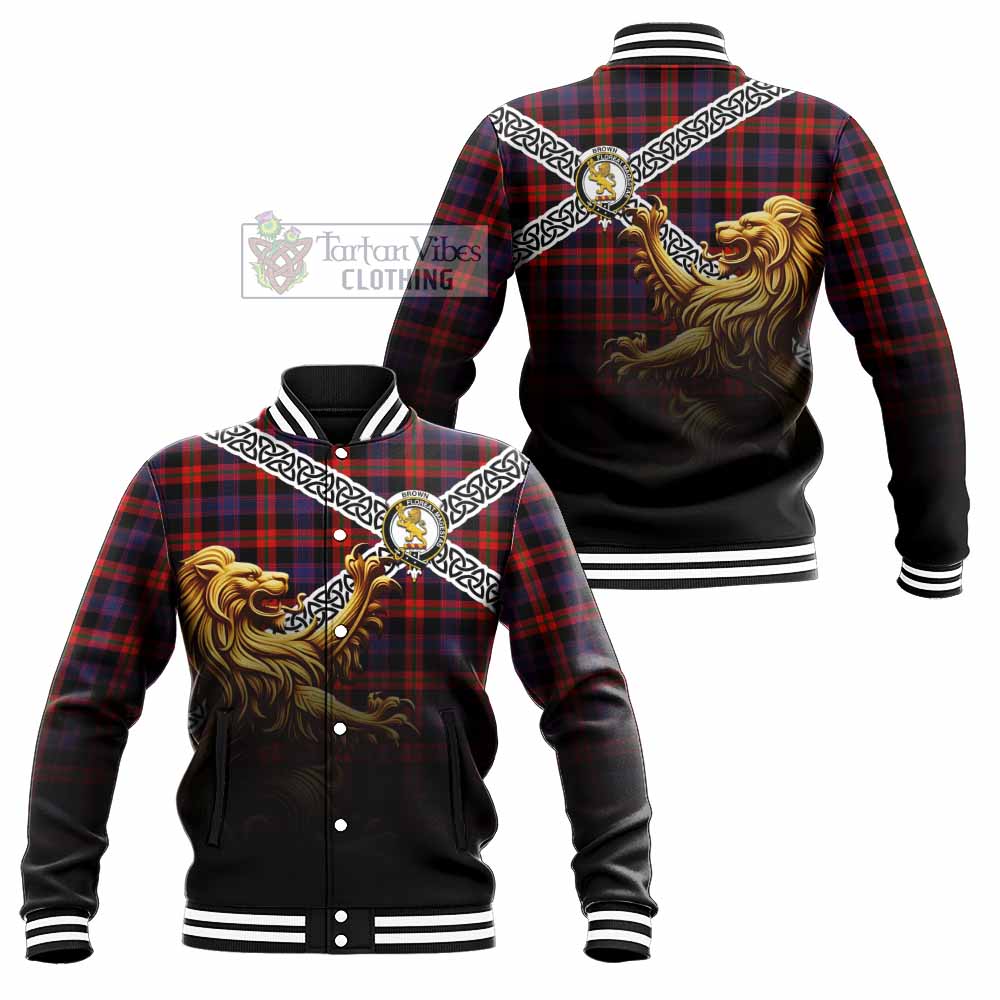 Tartan Vibes Clothing Brown (Broun) Crest Tartan Baseball Jacket with Golden Lion Emblem Celtic Style