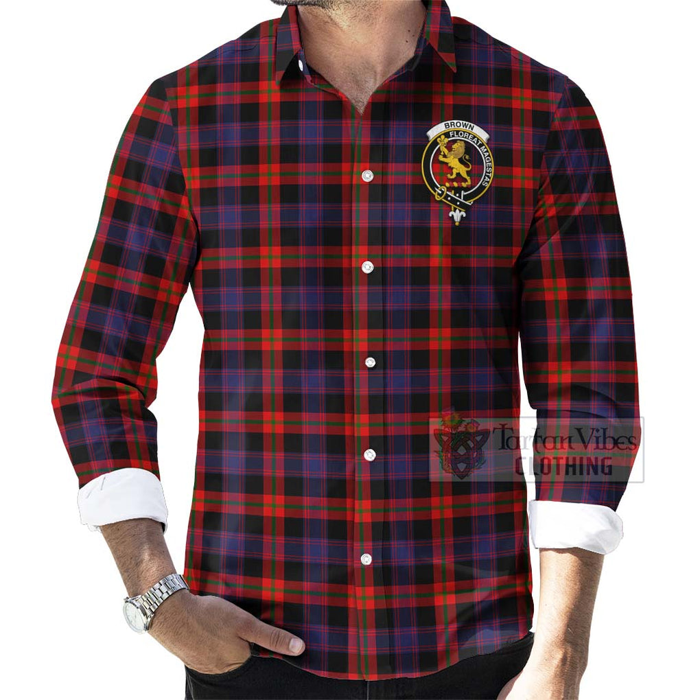 Tartan Vibes Clothing Brown (Broun) Tartan Long Sleeve Button Shirt with Family Crest and Bearded Skull Holding Bottles of Whiskey