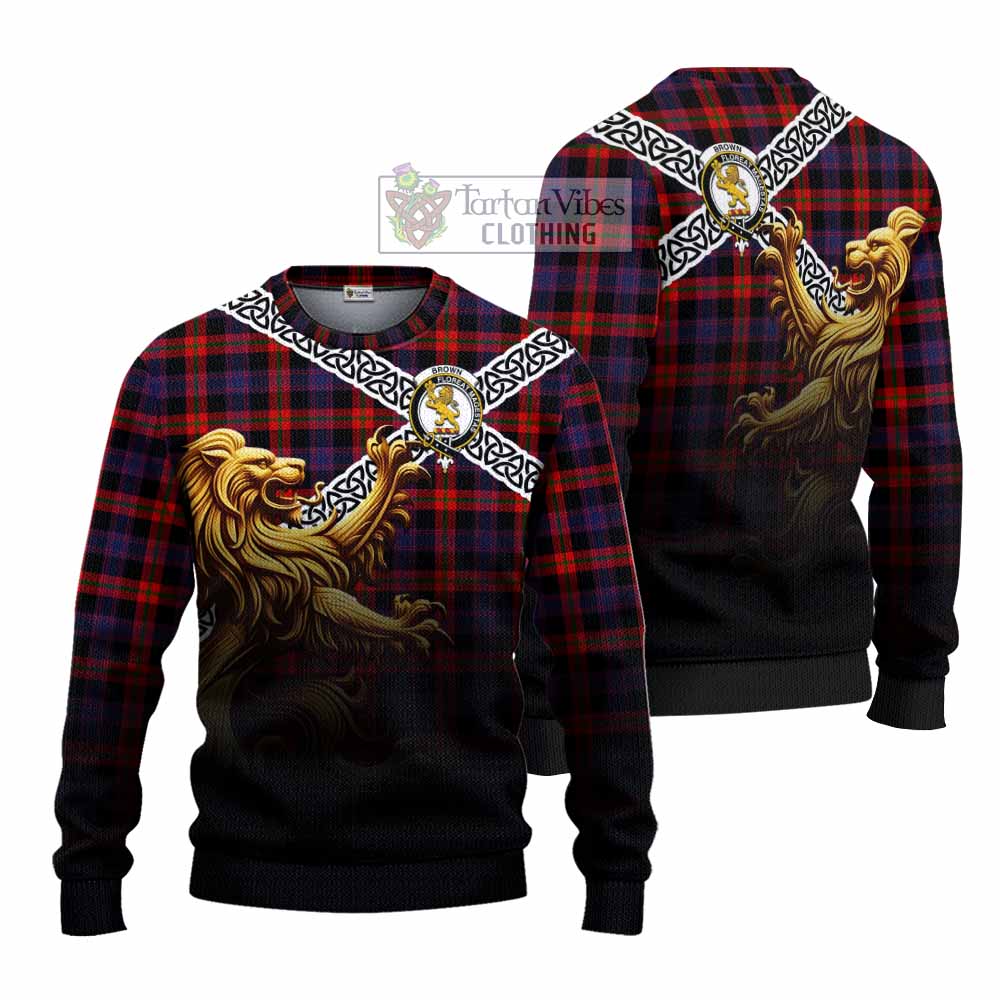 Tartan Vibes Clothing Brown (Broun) Crest Tartan Knitted Sweater with Golden Lion Emblem Celtic Style