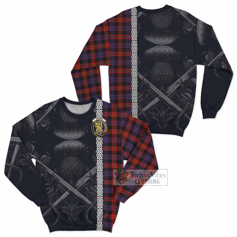 Tartan Vibes Clothing Brown (Broun) Tartan Sweatshirt with Family Crest Cross Sword Thistle Celtic Vibes