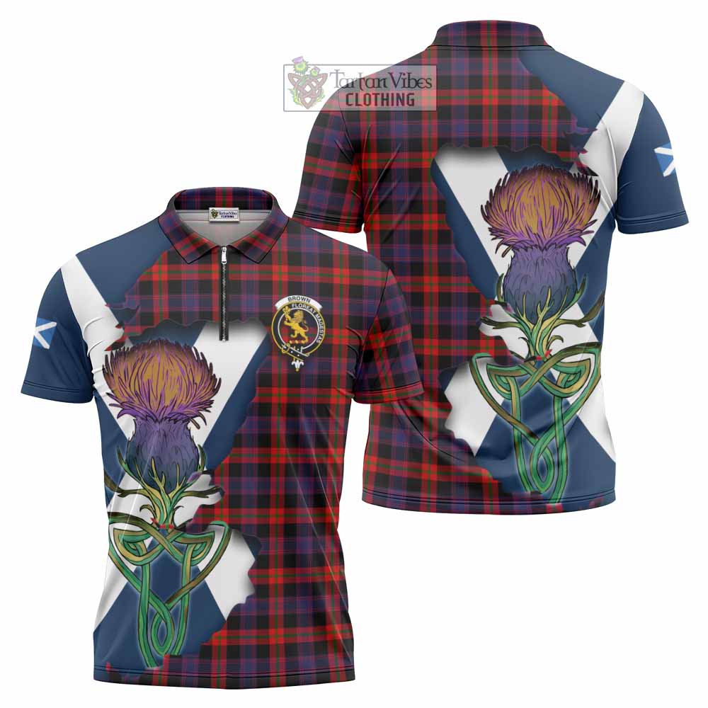 Tartan Vibes Clothing Brown (Broun) Tartan Family Crest Zipper Polo Shirt Scottish Thistle Celtic Inspired