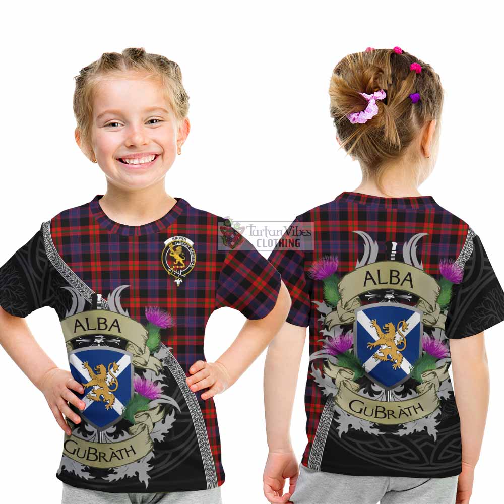 Tartan Vibes Clothing Brown (Broun) Tartan Family Crest Kid T-Shirt Lion Rampant Royal Thistle Shield Celtic Inspired
