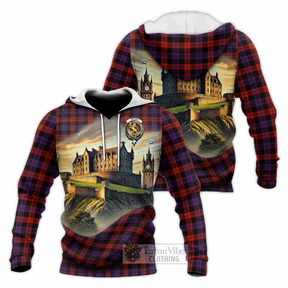 Tartan Vibes Clothing Brown (Broun) Tartan Family Crest Knitted Hoodie with Scottish Ancient Castle Style