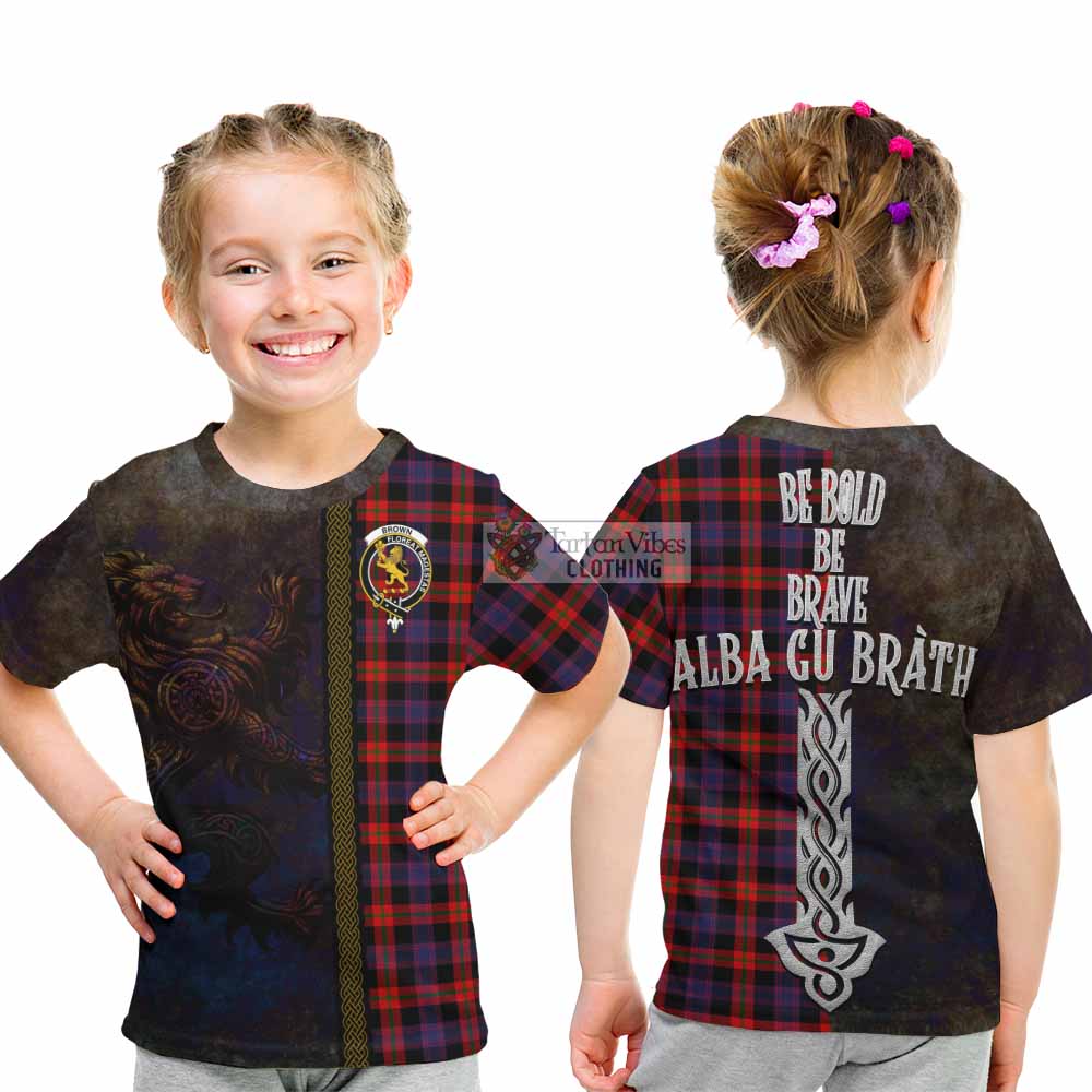 Tartan Vibes Clothing Brown (Broun) Tartan Family Crest Kid T-Shirt Alba Gu Brath Be Brave Lion Ancient Style