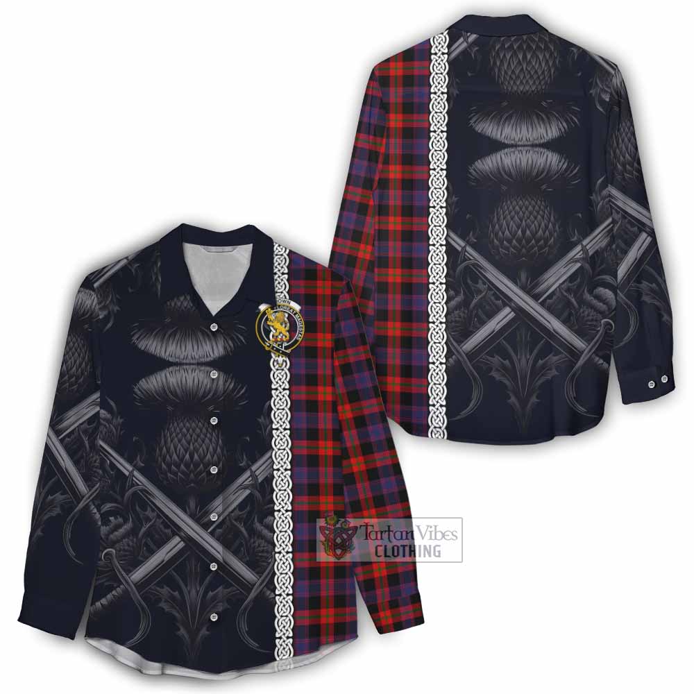 Tartan Vibes Clothing Brown (Broun) Tartan Women's Casual Shirt with Family Crest Cross Sword Thistle Celtic Vibes