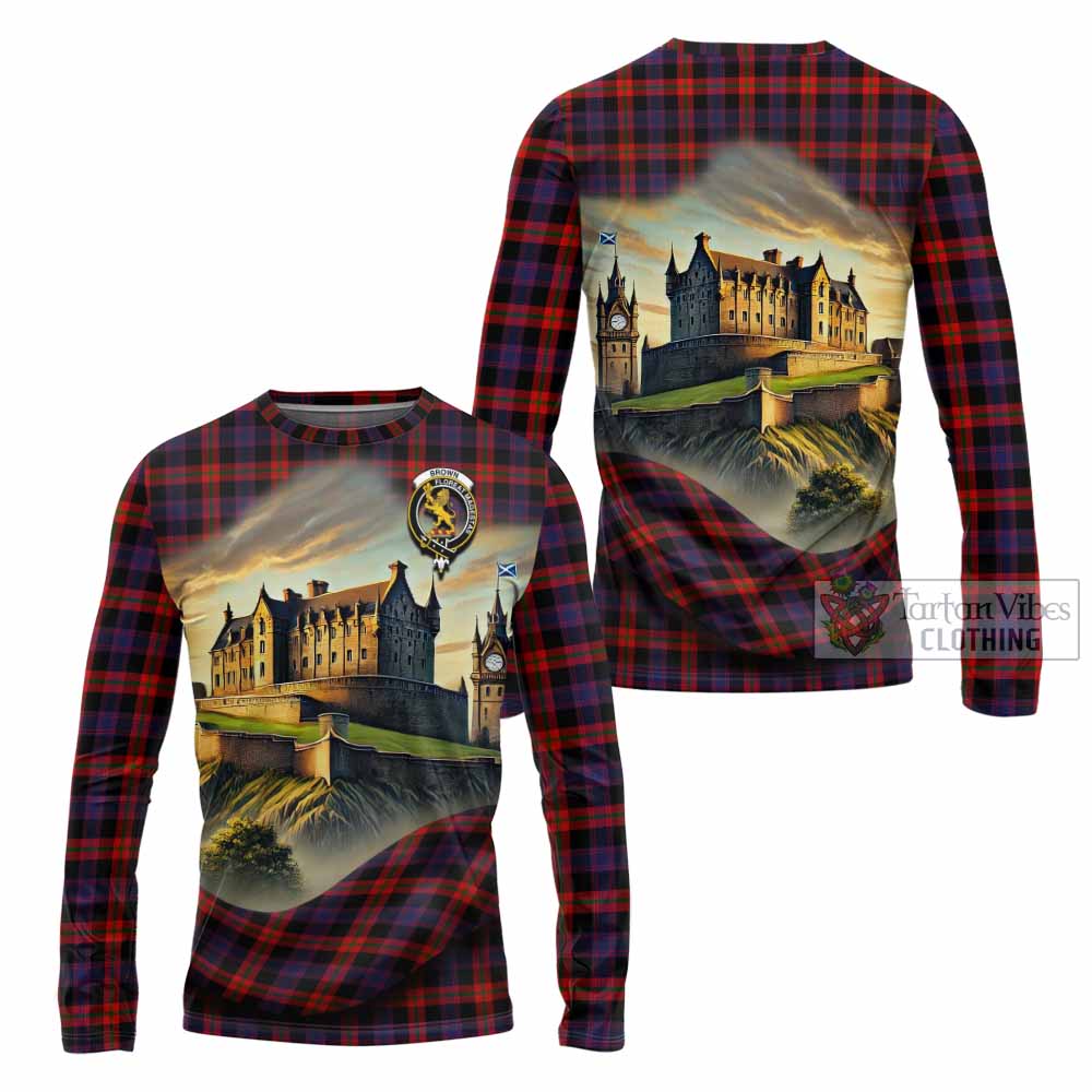 Tartan Vibes Clothing Brown (Broun) Tartan Family Crest Long Sleeve T-Shirt with Scottish Ancient Castle Style