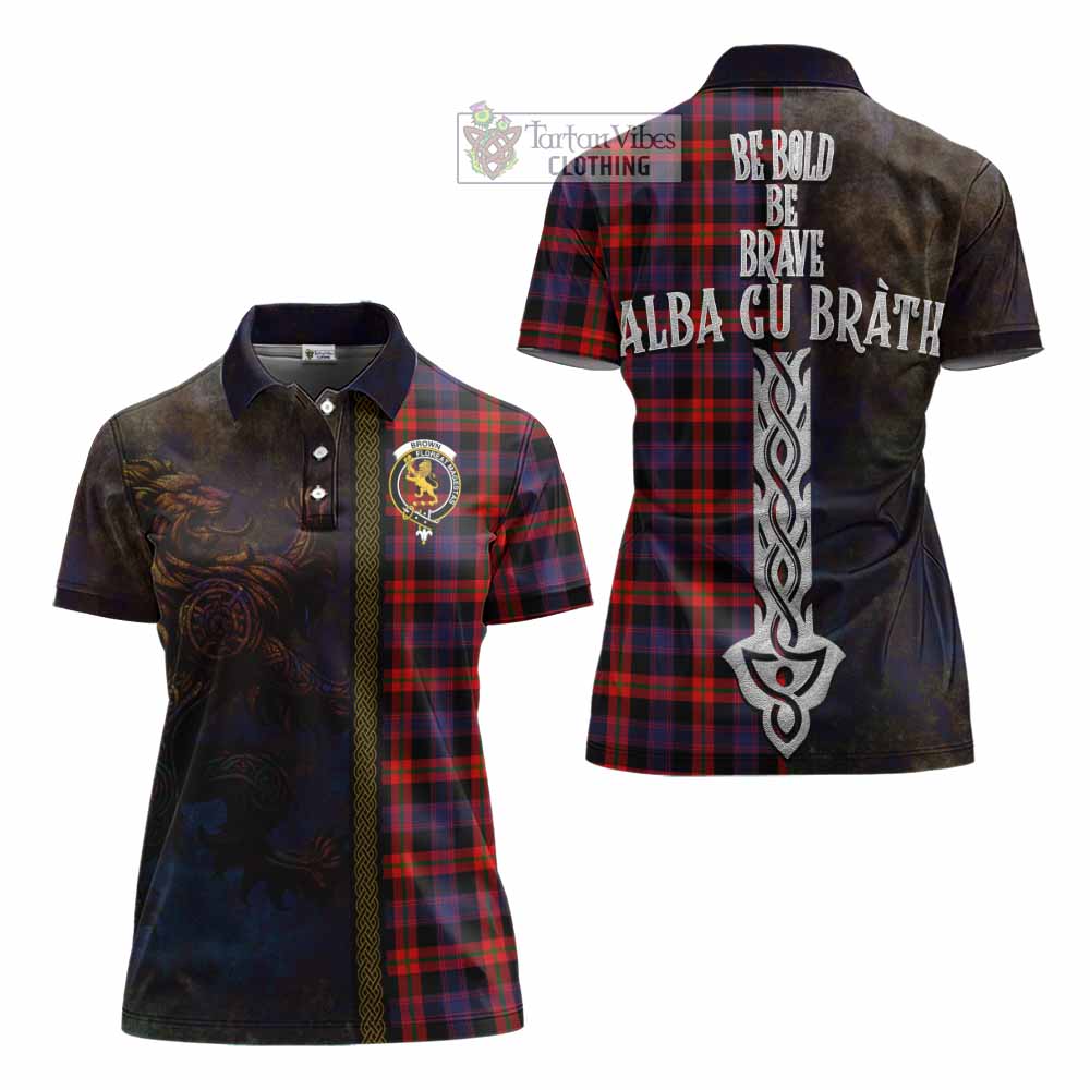 Tartan Vibes Clothing Brown (Broun) Tartan Family Crest Women's Polo Shirt Alba Gu Brath Be Brave Lion Ancient Style