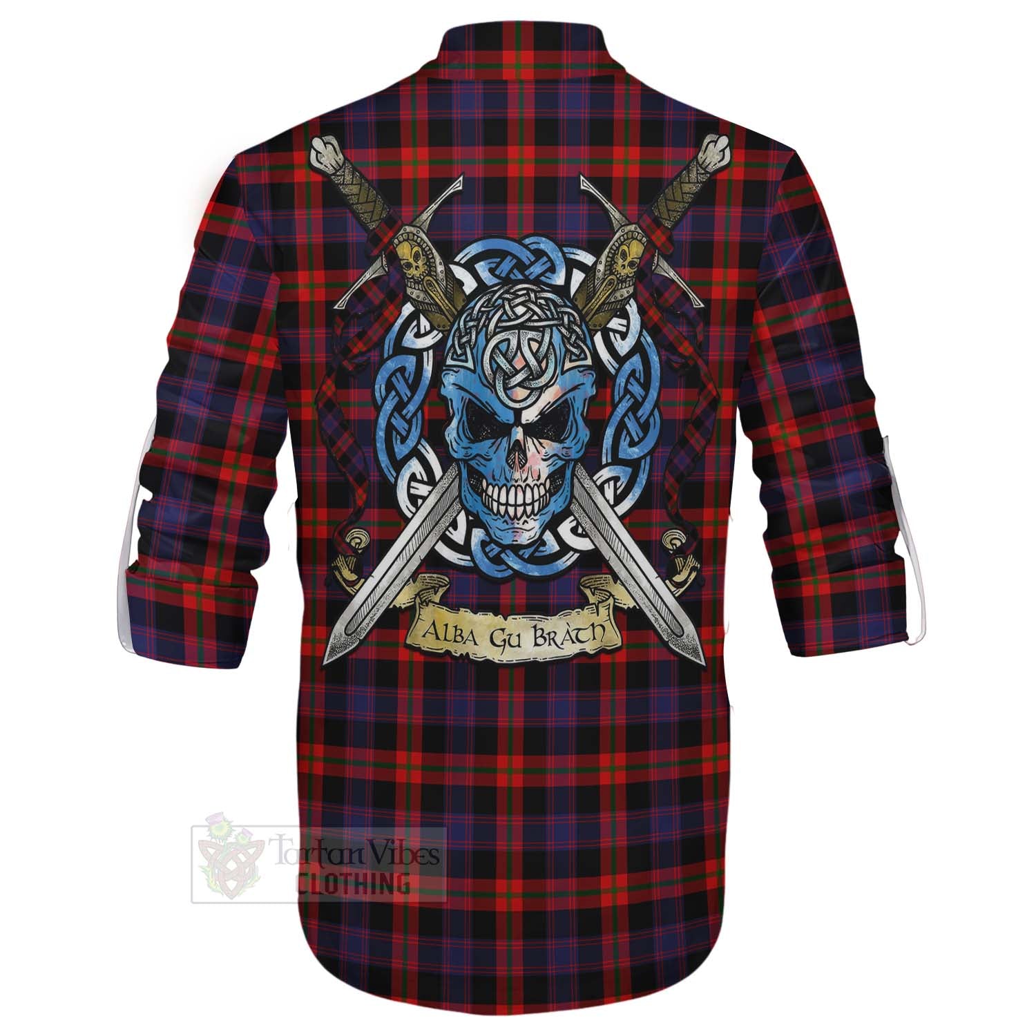 Tartan Vibes Clothing Brown (Broun) Tartan Ghillie Kilt Shirt with Family Crest Celtic Skull Style
