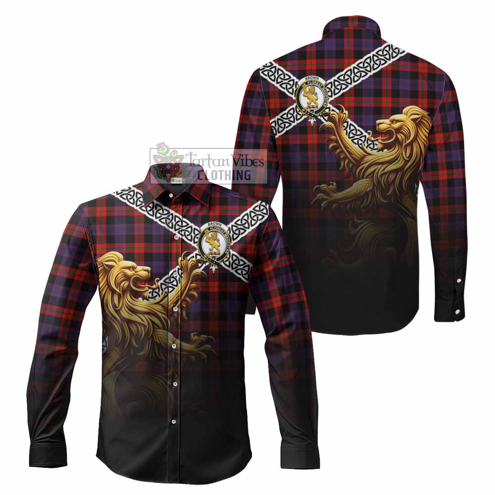 Tartan Vibes Clothing Brown (Broun) Crest Tartan Long Sleeve Button Shirt with Golden Lion Emblem Celtic Style
