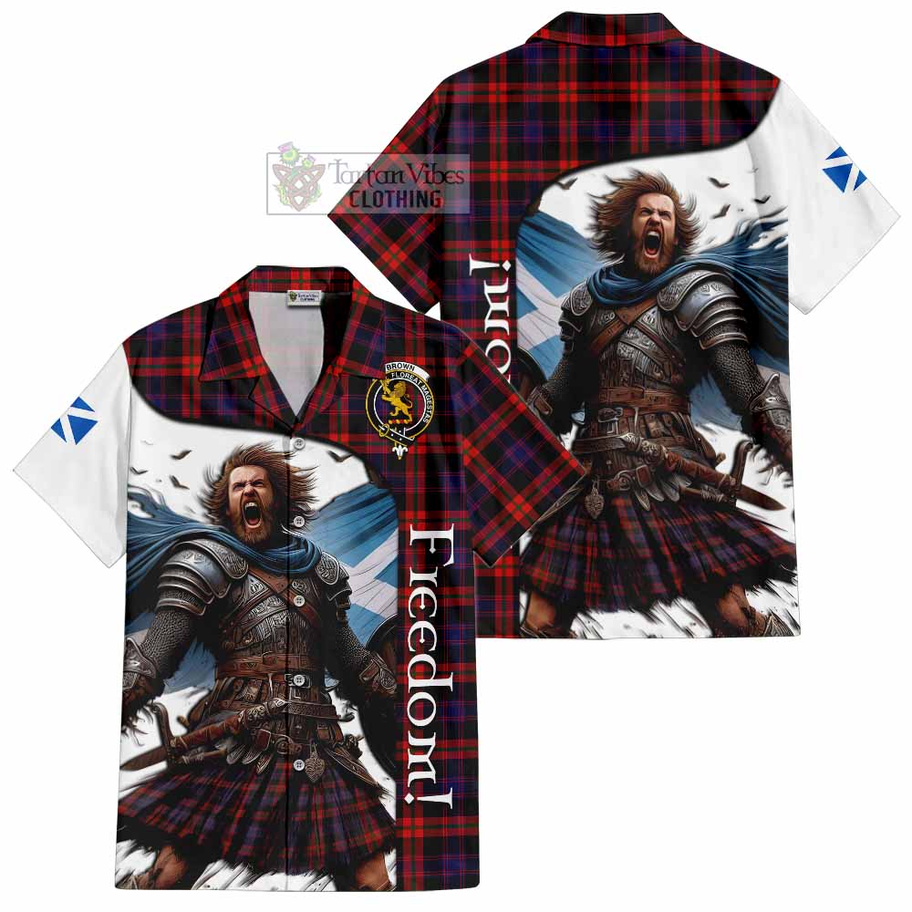 Tartan Vibes Clothing Brown (Broun) Crest Tartan Short Sleeve Button Shirt Inspired by the Freedom of Scottish Warrior
