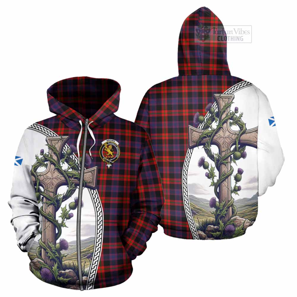 Tartan Vibes Clothing Brown (Broun) Tartan Hoodie with Family Crest and St. Andrew's Cross Accented by Thistle Vines