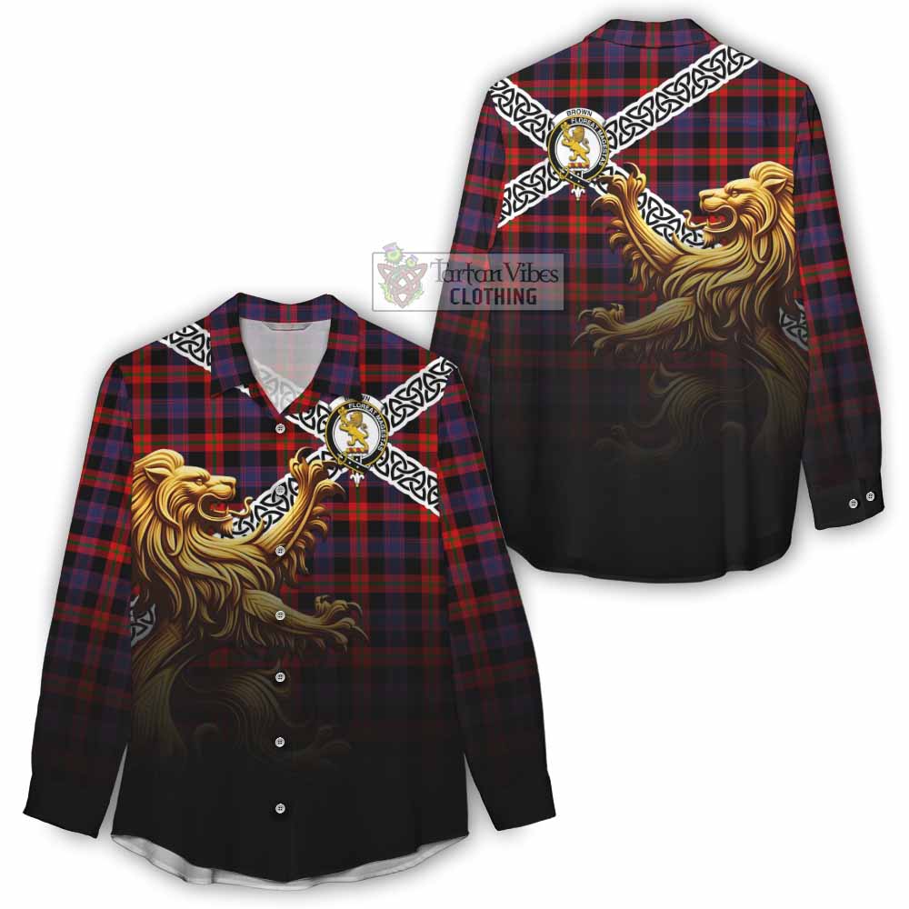 Tartan Vibes Clothing Brown (Broun) Crest Tartan Women's Casual Shirt with Golden Lion Emblem Celtic Style