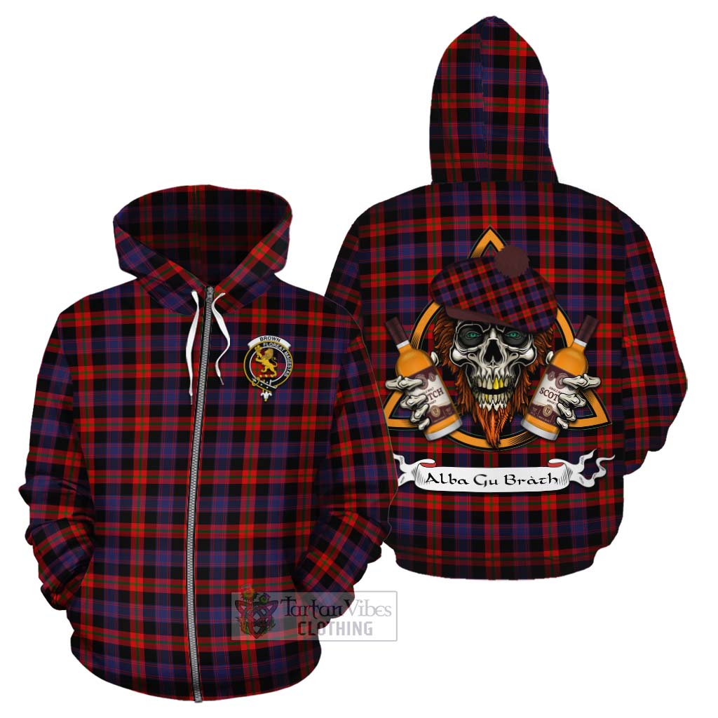 Tartan Vibes Clothing Brown (Broun) Tartan Cotton Hoodie with Family Crest and Bearded Skull Holding Bottles of Whiskey