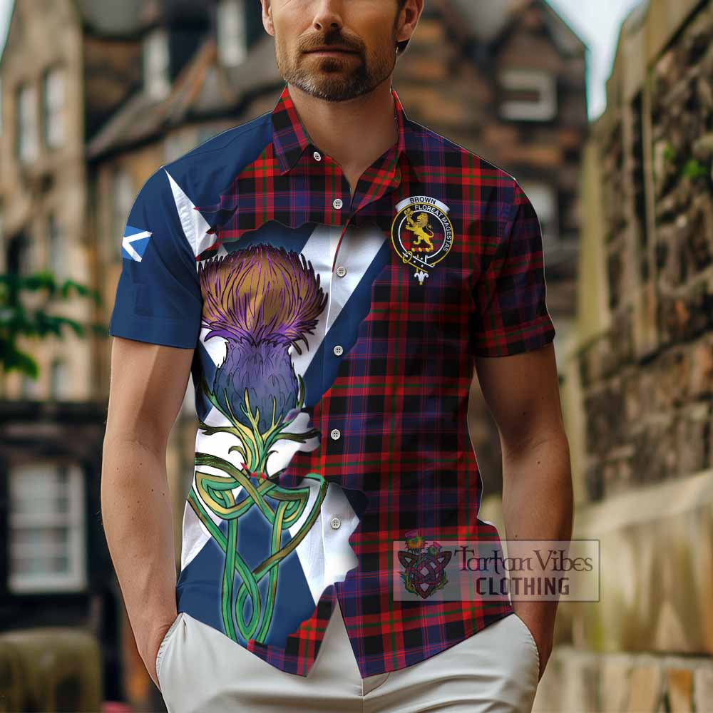 Tartan Vibes Clothing Brown (Broun) Tartan Family Crest Short Sleeve Button Shirt Scottish Thistle Celtic Inspired