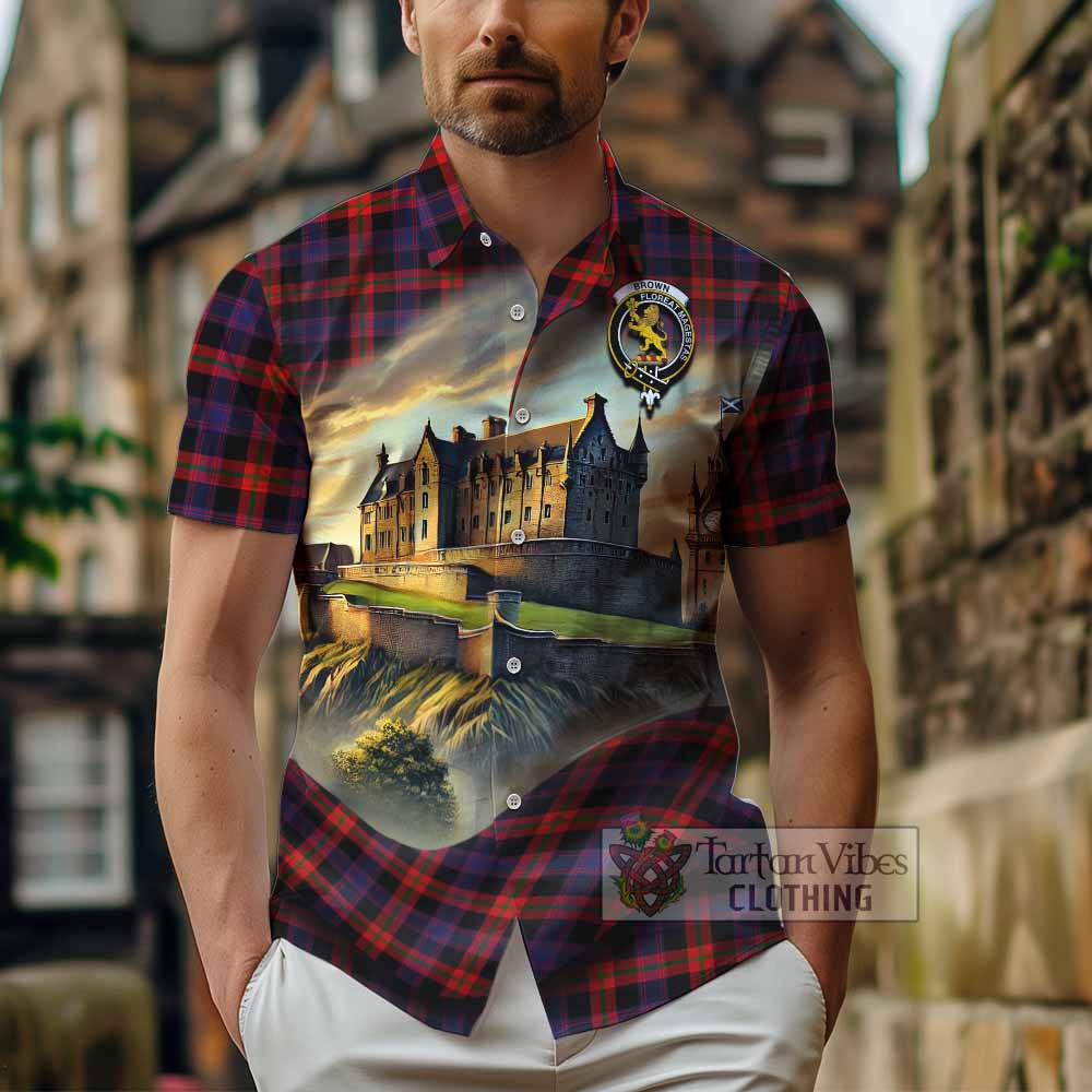Tartan Vibes Clothing Brown (Broun) Tartan Family Crest Short Sleeve Button Shirt with Scottish Ancient Castle Style