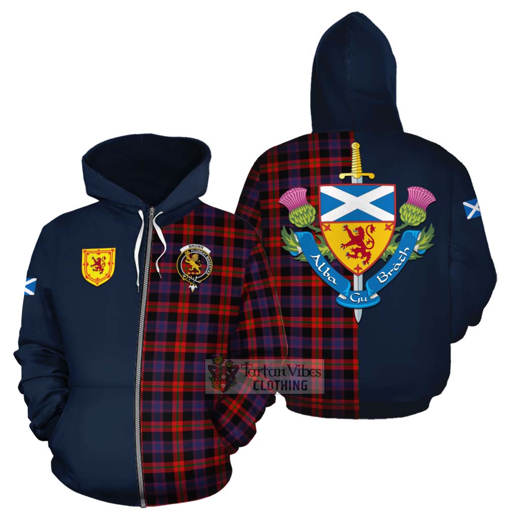 Tartan Vibes Clothing Brown (Broun) Tartan Cotton Hoodie Alba with Scottish Lion Royal Arm Half Style
