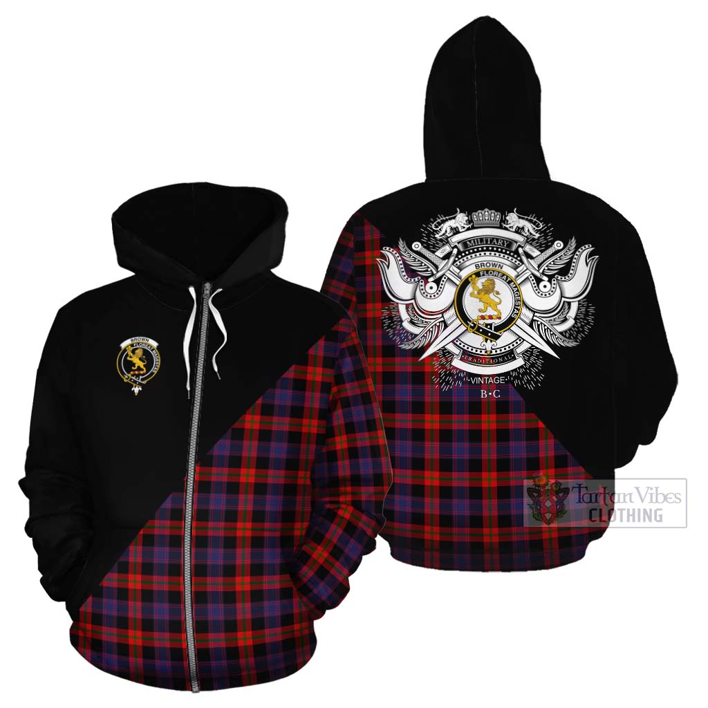 Tartan Vibes Clothing Brown (Broun) Tartan Cotton Hoodie with Family Crest and Military Logo Style