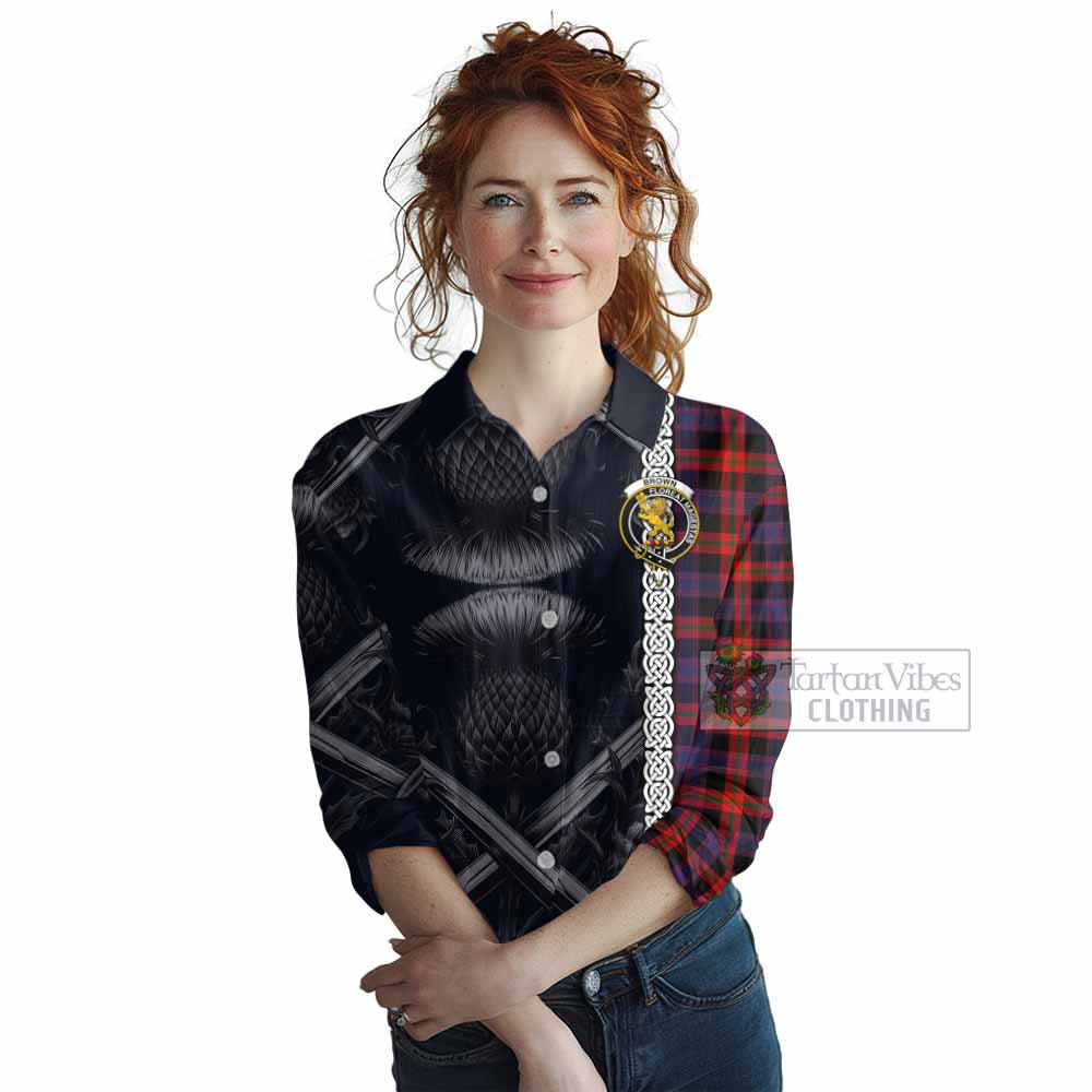 Tartan Vibes Clothing Brown (Broun) Tartan Women's Casual Shirt with Family Crest Cross Sword Thistle Celtic Vibes