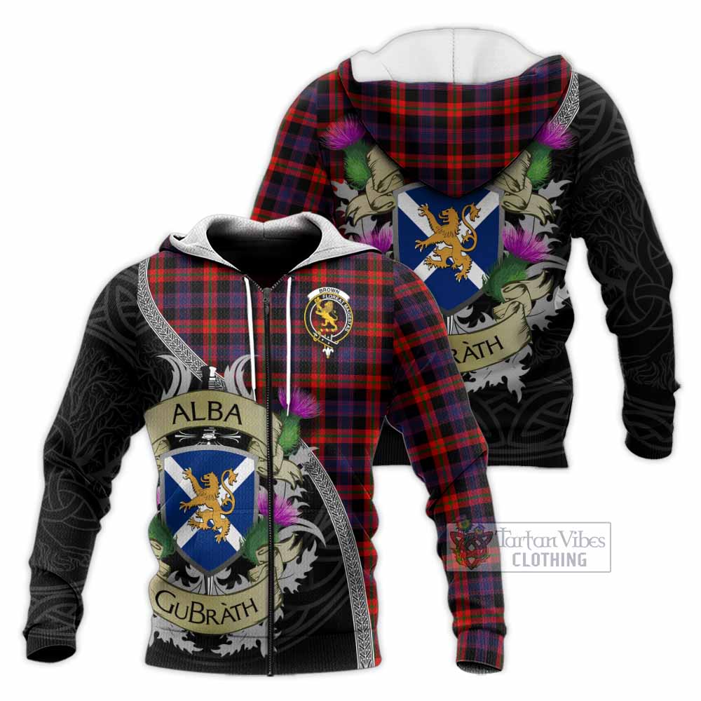 Tartan Vibes Clothing Brown (Broun) Tartan Family Crest Knitted Hoodie Lion Rampant Royal Thistle Shield Celtic Inspired