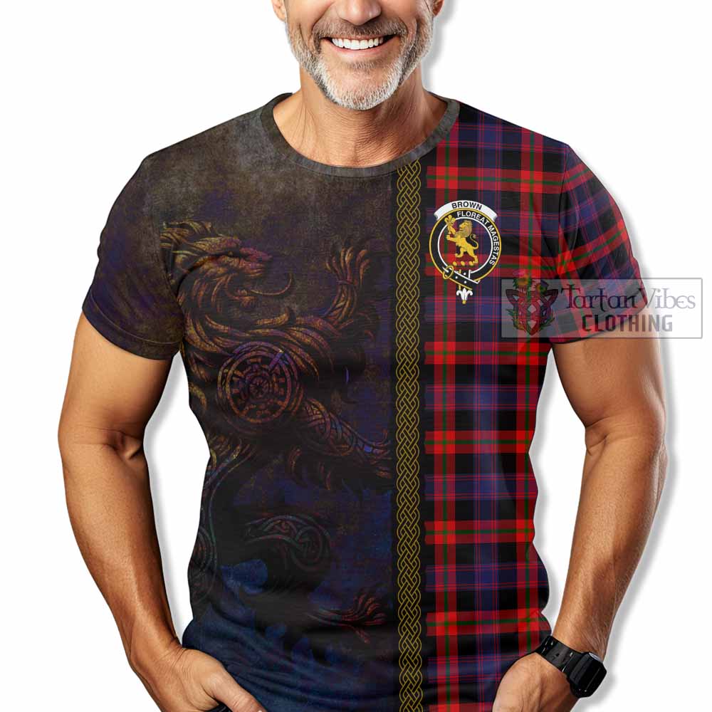 Tartan Vibes Clothing Brown (Broun) Tartan Family Crest T-Shirt Alba Gu Brath Be Brave Lion Ancient Style