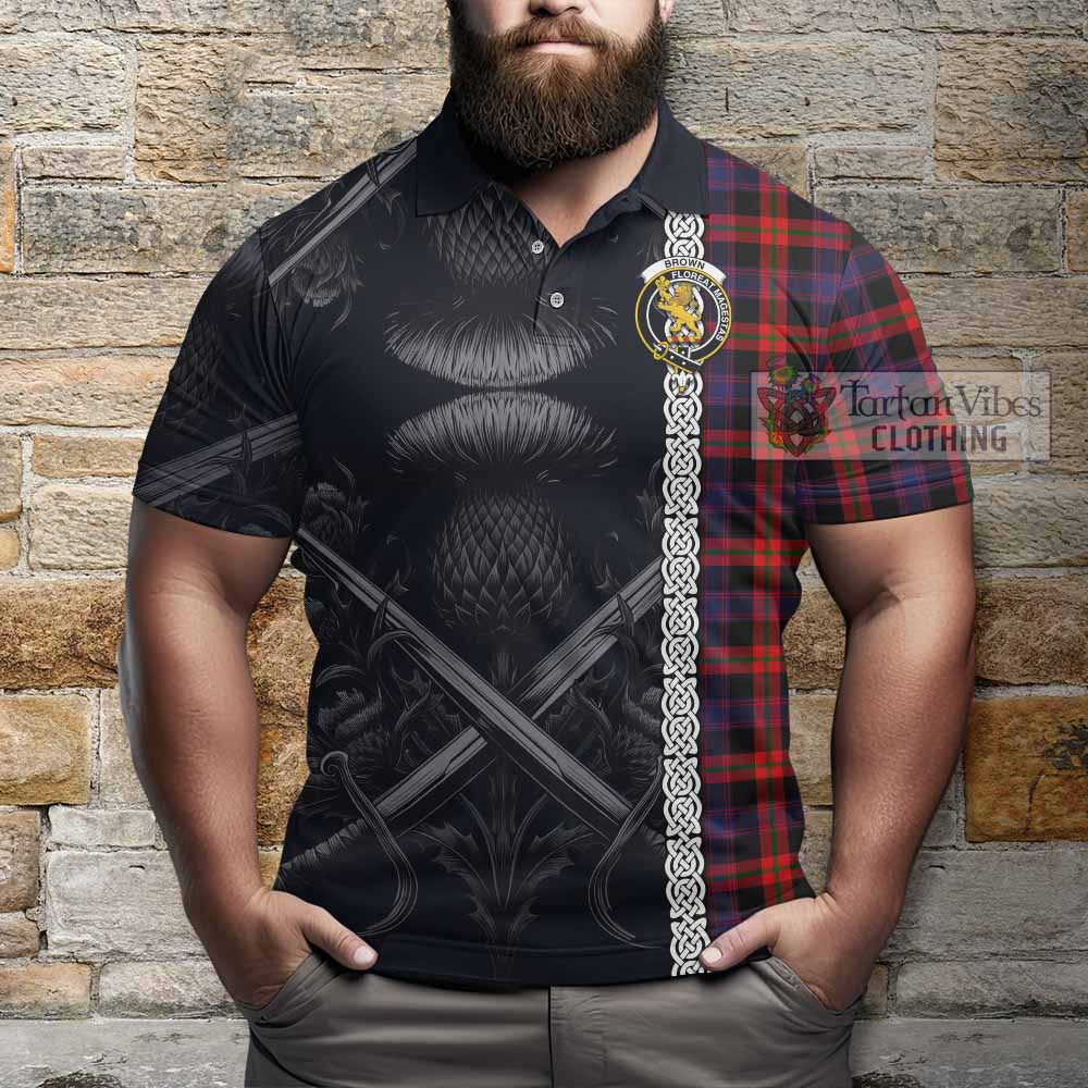 Tartan Vibes Clothing Brown (Broun) Tartan Polo Shirt with Family Crest Cross Sword Thistle Celtic Vibes