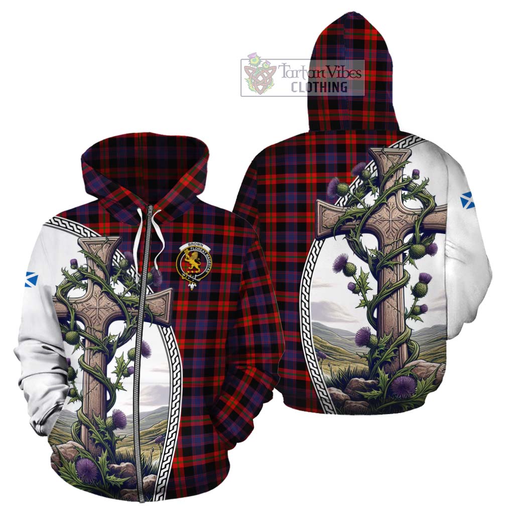 Tartan Vibes Clothing Brown (Broun) Tartan Cotton Hoodie with Family Crest and St. Andrew's Cross Accented by Thistle Vines