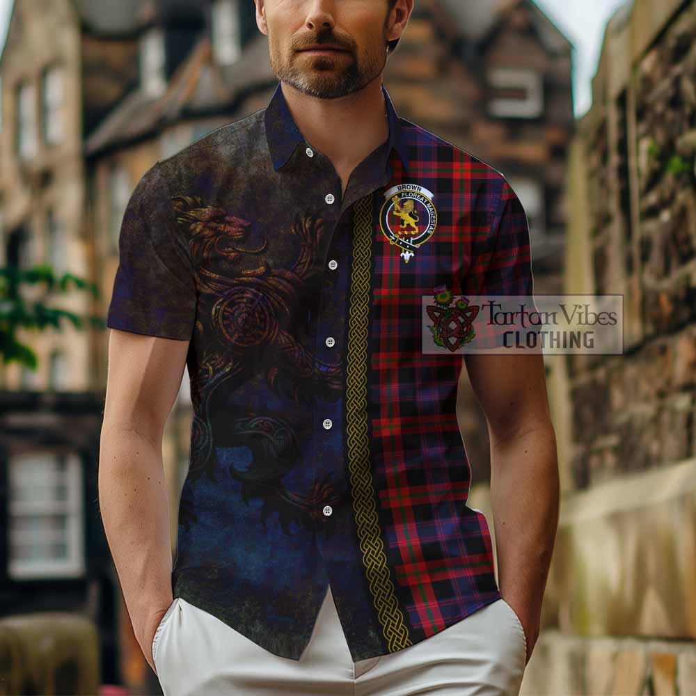 Tartan Vibes Clothing Brown (Broun) Tartan Family Crest Short Sleeve Button Shirt Alba Gu Brath Be Brave Lion Ancient Style