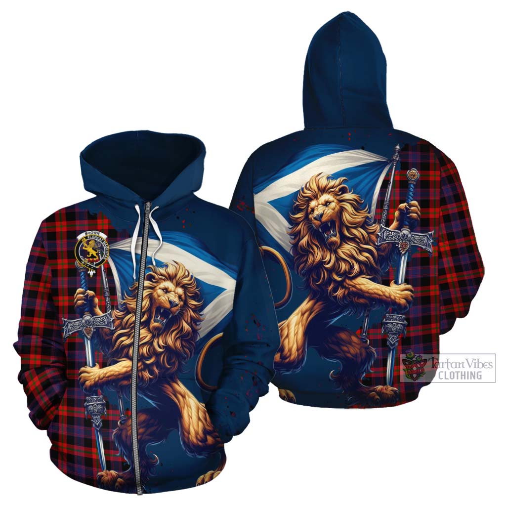 Tartan Vibes Clothing Brown (Broun) Tartan Family Crest Cotton Hoodie with Scottish Majestic Lion