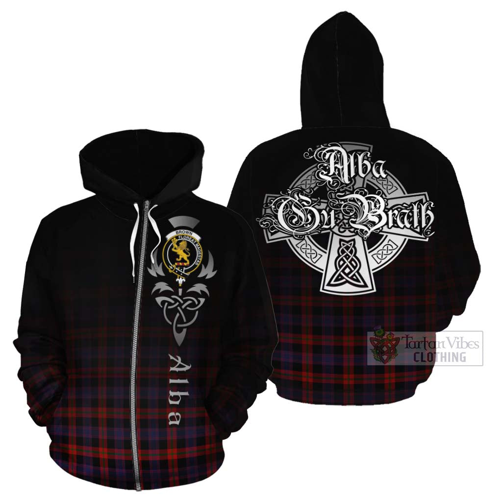 Tartan Vibes Clothing Brown (Broun) Tartan Cotton Hoodie Featuring Alba Gu Brath Family Crest Celtic Inspired