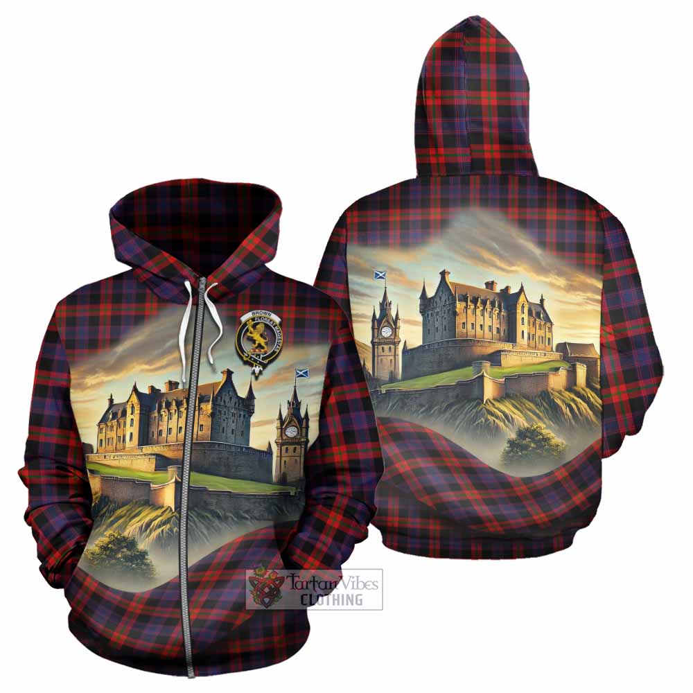Tartan Vibes Clothing Brown (Broun) Tartan Family Crest Hoodie with Scottish Ancient Castle Style