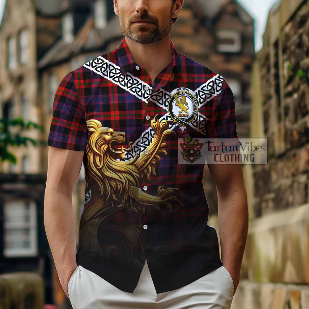 Tartan Vibes Clothing Brown (Broun) Crest Tartan Short Sleeve Button Shirt with Golden Lion Emblem Celtic Style