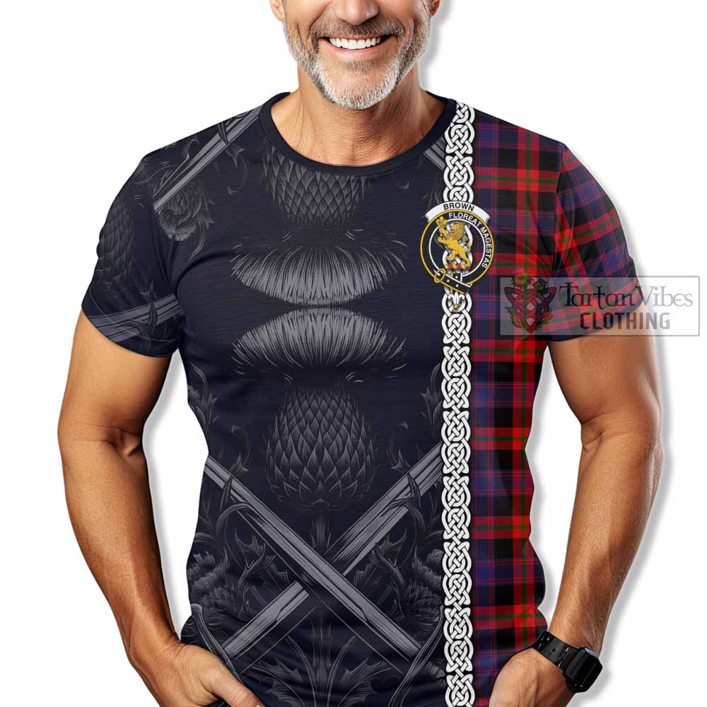 Tartan Vibes Clothing Brown (Broun) Tartan T-Shirt with Family Crest Cross Sword Thistle Celtic Vibes