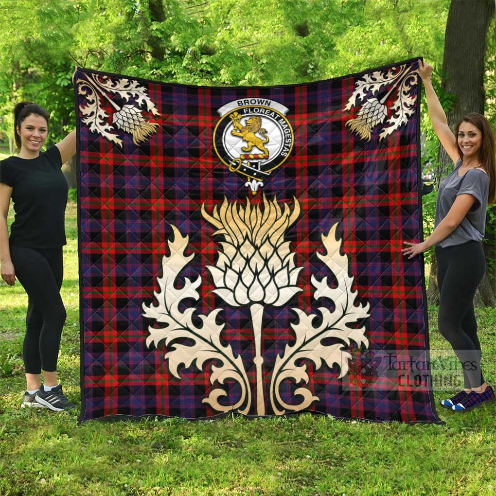 Tartan Vibes Clothing Brown (Broun) Tartan Quilt with Family Crest and Golden Thistle Style