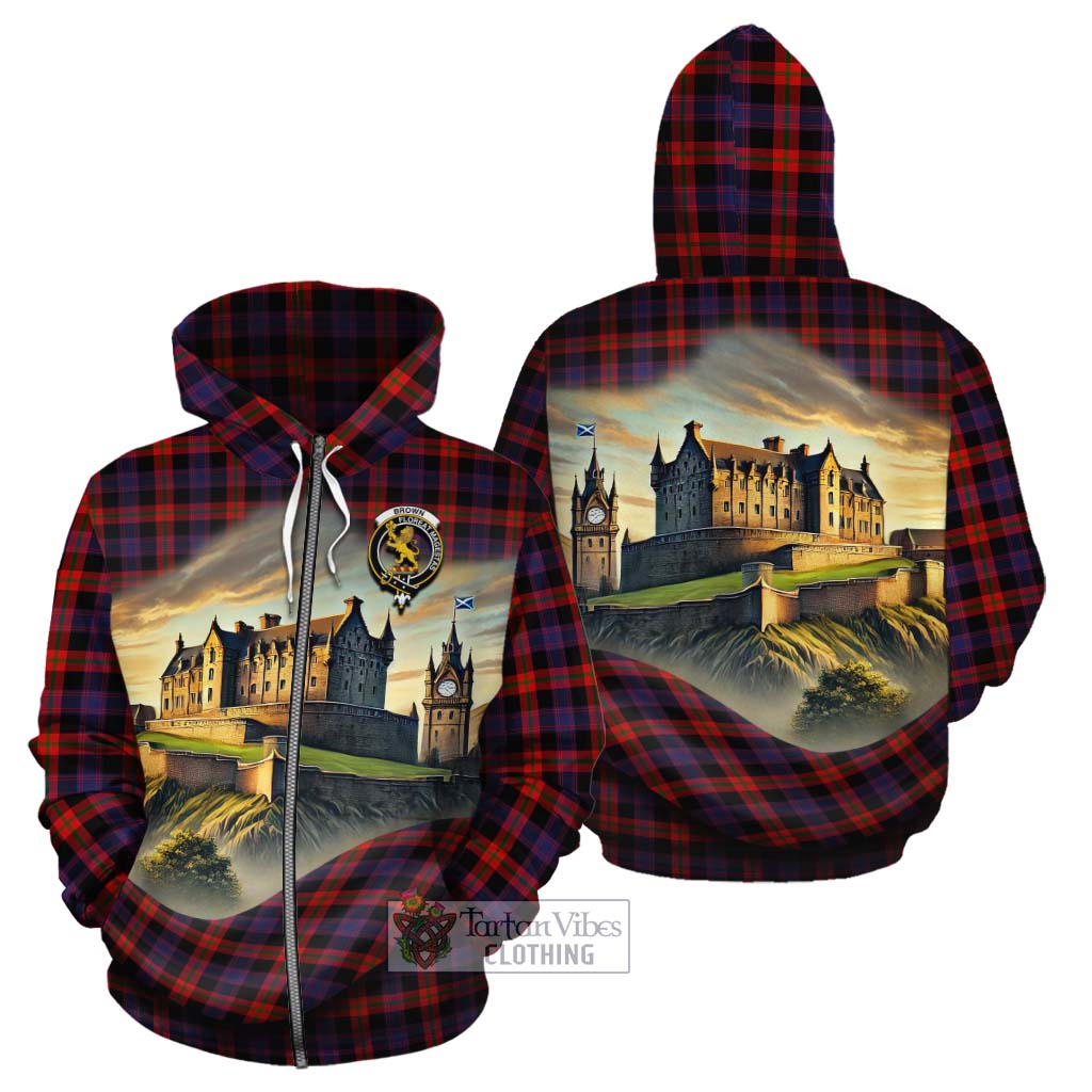 Tartan Vibes Clothing Brown (Broun) Tartan Family Crest Cotton Hoodie with Scottish Ancient Castle Style