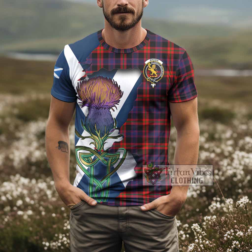 Tartan Vibes Clothing Brown (Broun) Tartan Family Crest T-Shirt Scottish Thistle Celtic Inspired