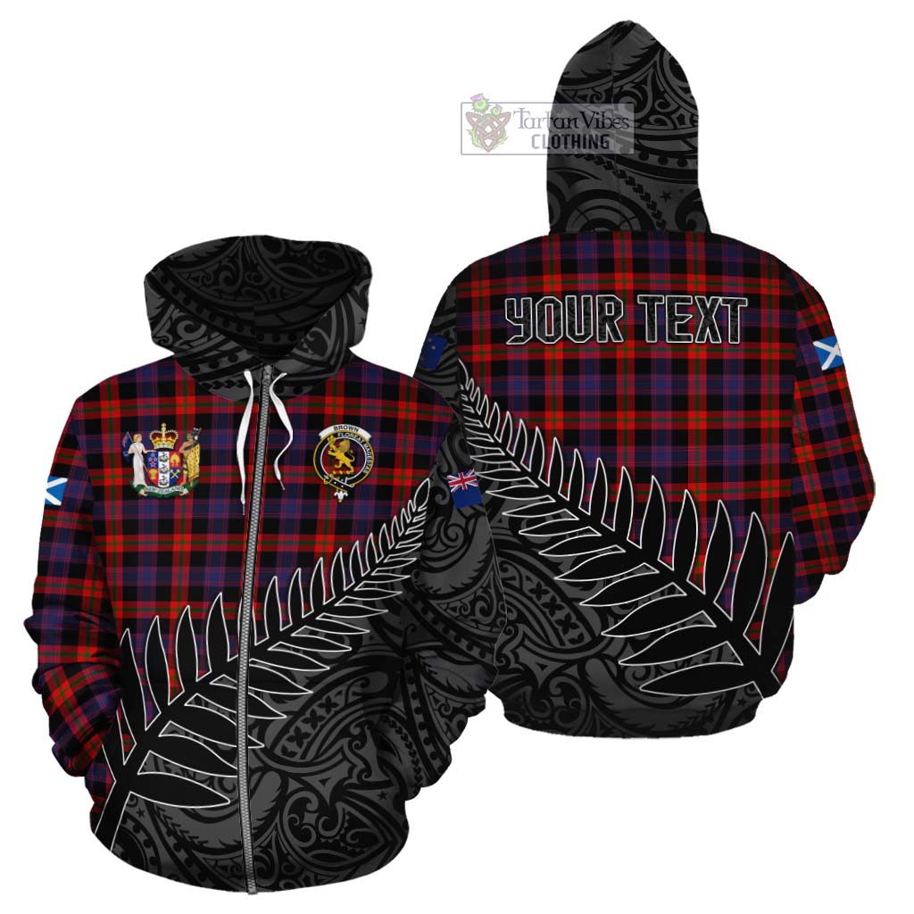 Tartan Vibes Clothing Brown (Broun) Crest Tartan Cotton Hoodie with New Zealand Silver Fern Half Style